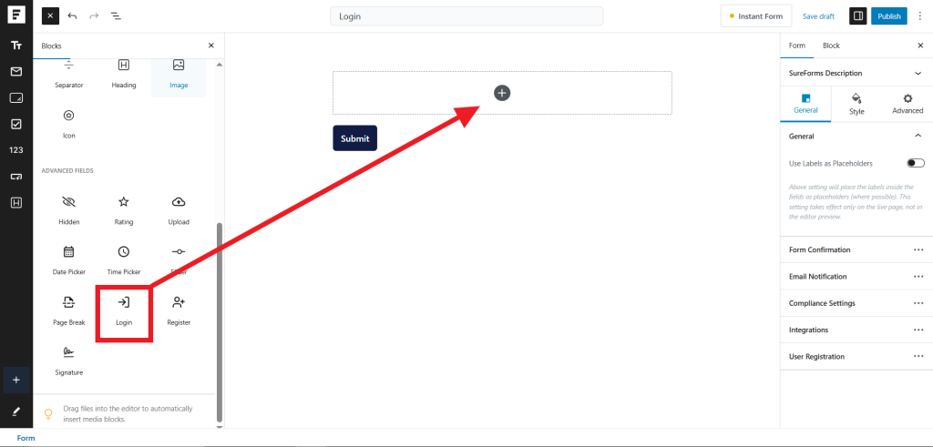 Drag & drop the Login block in the editor