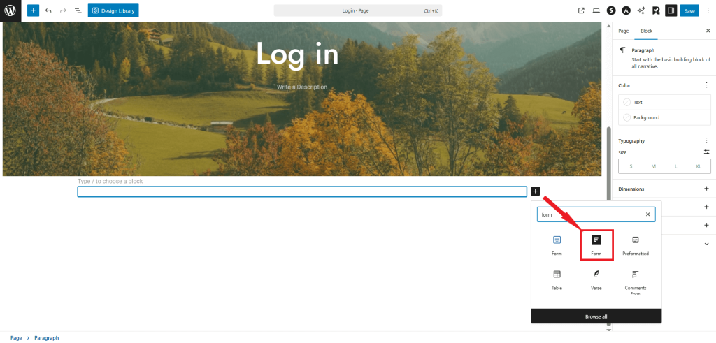 search for the Form block