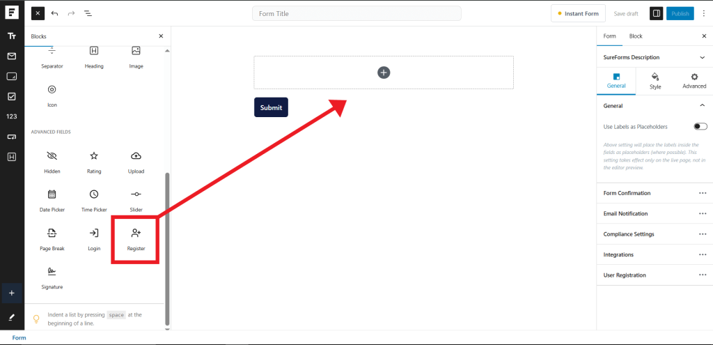 Drag and drop the Register block