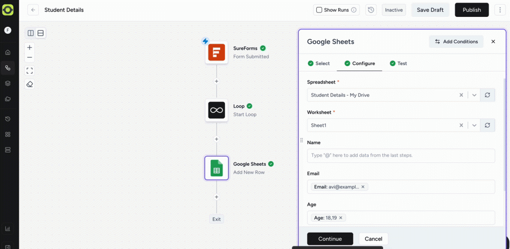 Map Fields to Google Sheets