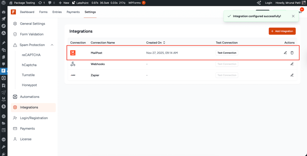 Integration configured successfully!