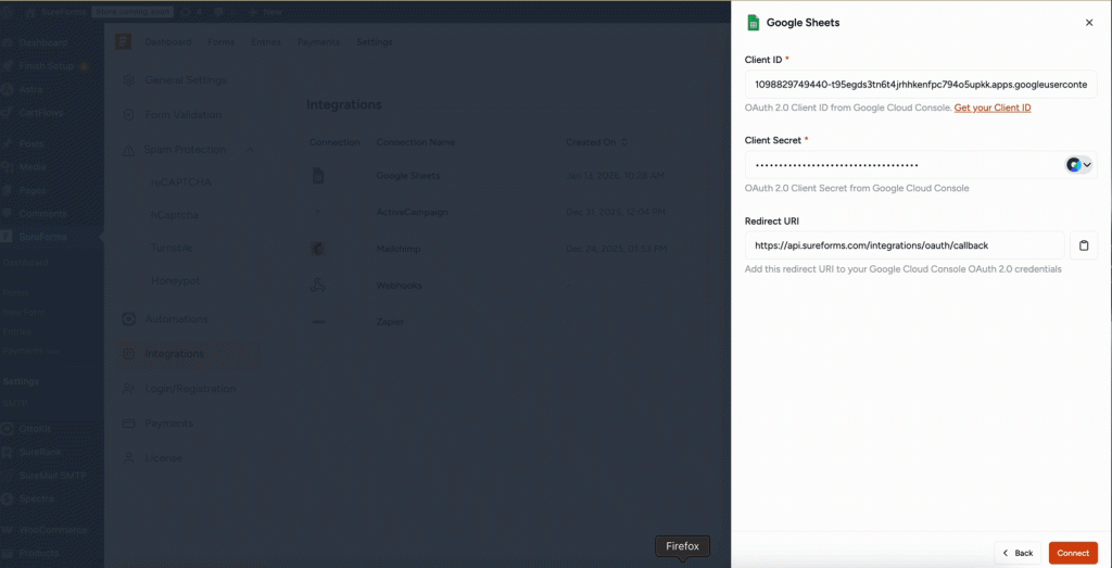 SureForms Integration with Google Sheets authenticate with you google account