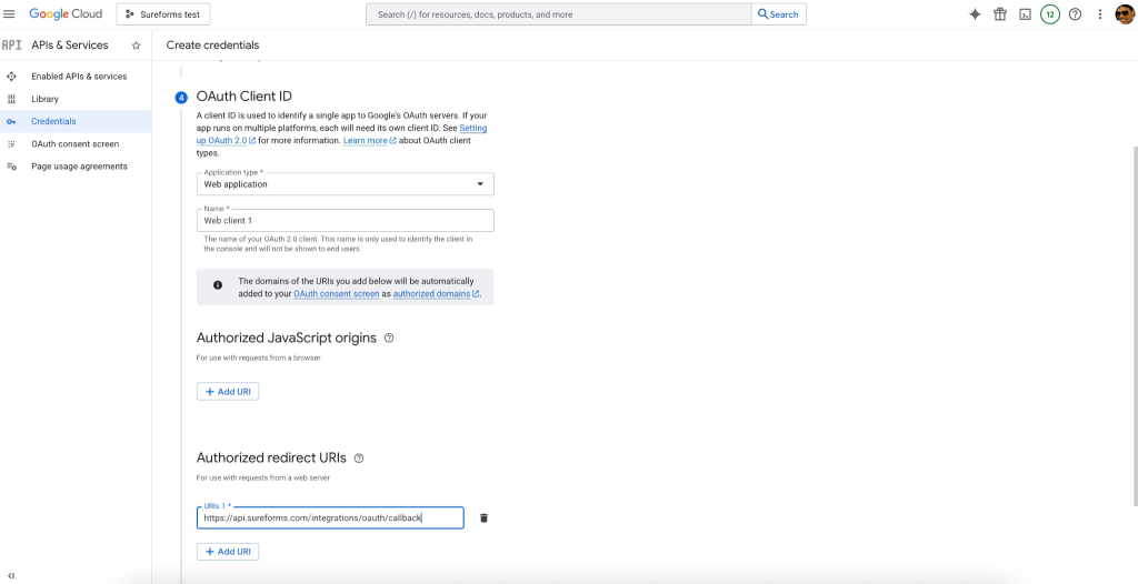 SureForms Integration with Google Sheets Create OAuth Client ID