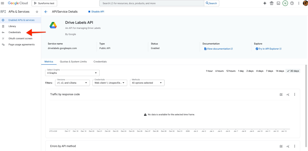 SureForms Integration with Google Sheets APIs & Services → Credentials.