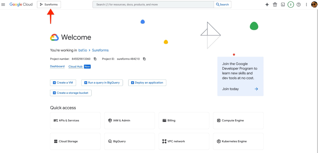 SureForms Integration with Google Sheets Select a Project