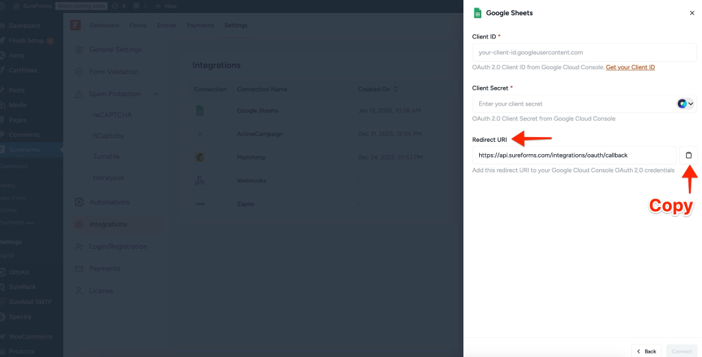 SureForms Integration with Google Sheets Copy URI for authorized Redirect URI.