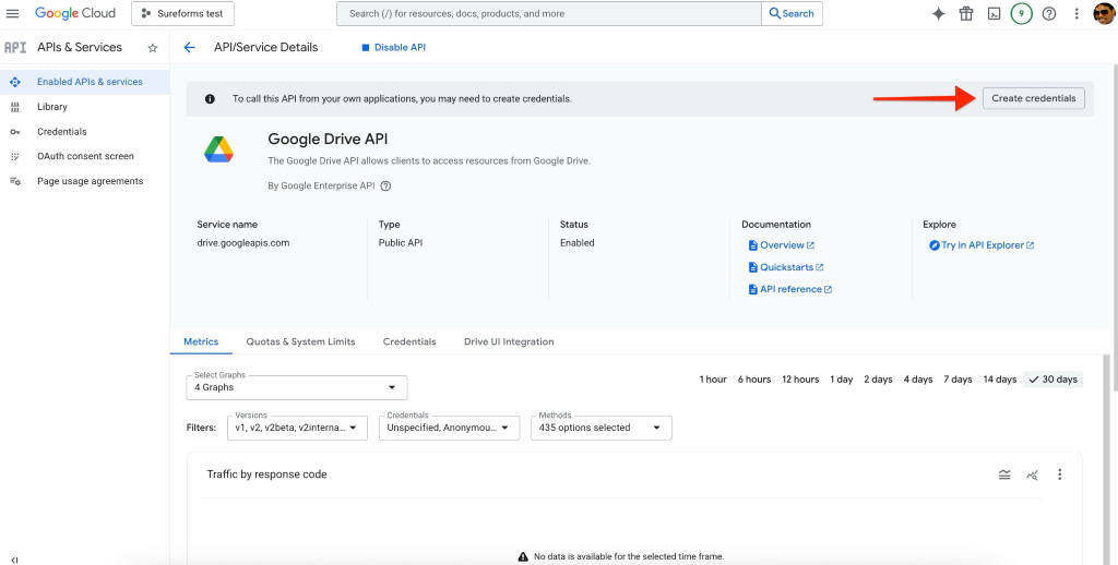 SureForms Integration with Google Sheets Create Credentials