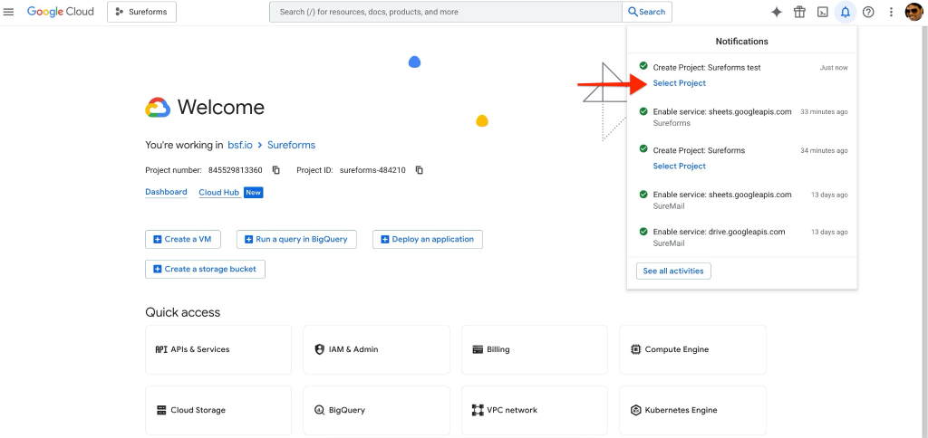 SureForms Integration with Google Sheets Select the Project