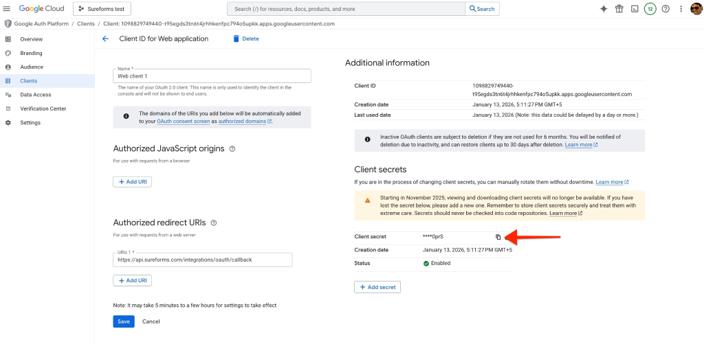 SureForms Integration with Google Sheets Copy the Client Secret.